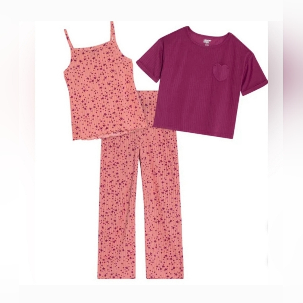 Girl's Lands End 3 Piece Pajama Set Size M 10/12 NWT